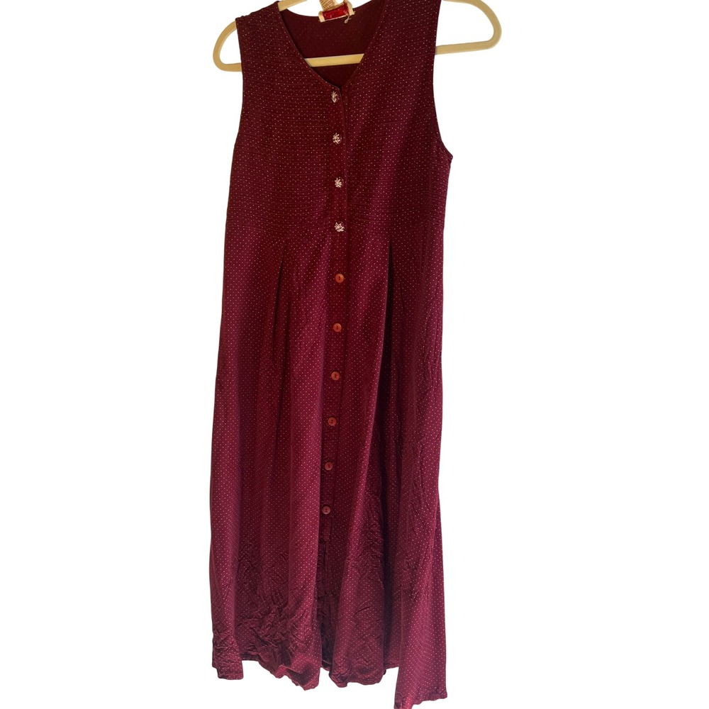 Vintage April Cornell Fall Burgundy Polka Dot Rayon Midi Dress Sleeveless Small